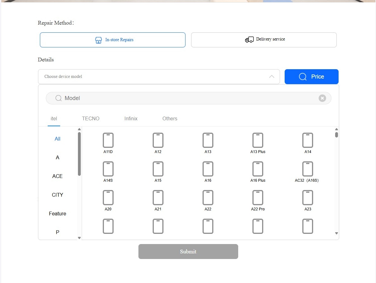 Step 3: Select the itel tab and find your model
